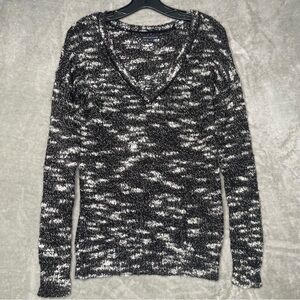 American Eagle Black White Heathered V Neck Knit Sweater Women Size Small
